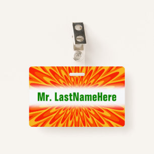 Red, Orange, Yellow Bursting Pattern + Custom Name Badge