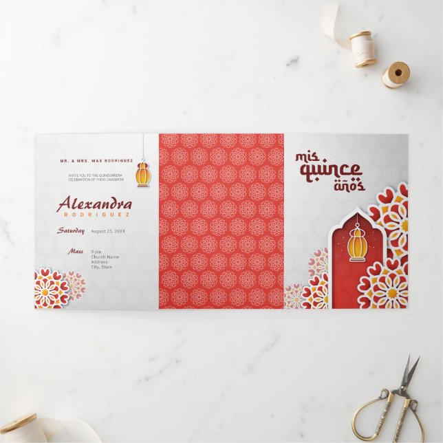 Red Orange Yellow Flower Arabian Night Quinceañera Tri-Fold Invitation (Outside)