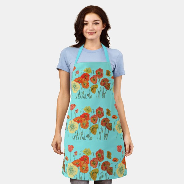 Red Orange Yellow Poppies Flower floral art Aqua A Apron (Worn)