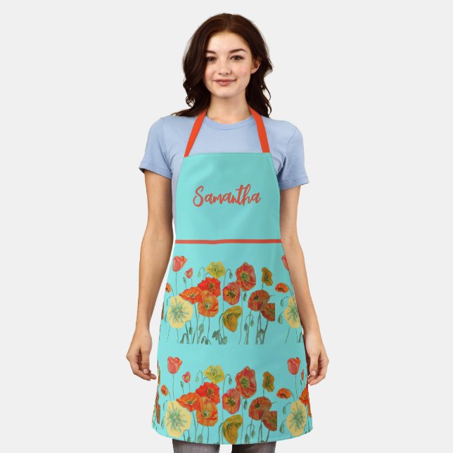 Red Orange Yellow Poppies Flower floral art Aqua Apron (Worn)