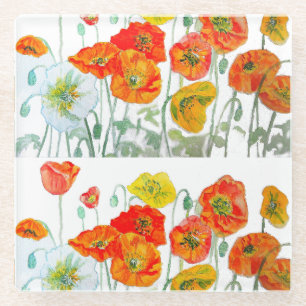 Red Orange Yellow Poppy Flower Watercolor Poppies Glass Coaster