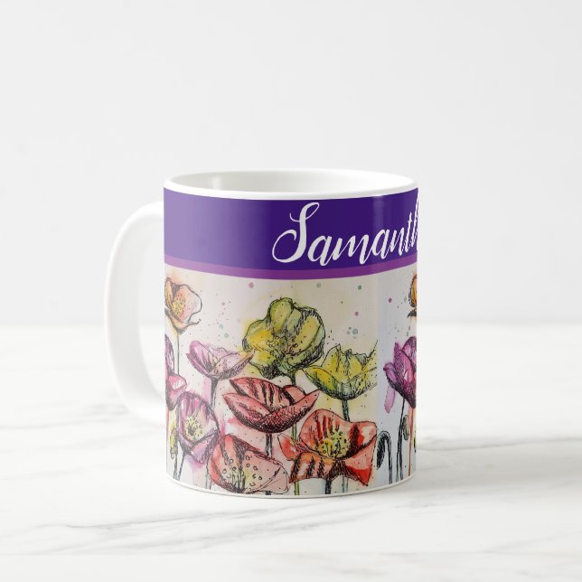 Red Orange Yellow Poppy Flowers Poppies Floral art Coffee Mug (Front Left)