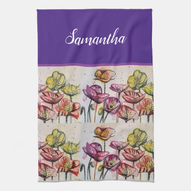 Red Orange Yellow Poppy Flowers Poppies Floral Art Kitchen Towel (Vertical)