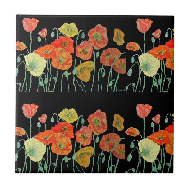 Red Orange Yellow Poppy Flowers Poppies Floral Art Tile (Front)