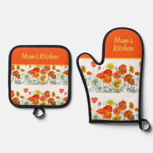 Red Orange Yellow Poppy Flowers Poppies Flower Oven Mitt & Pot Holder Set