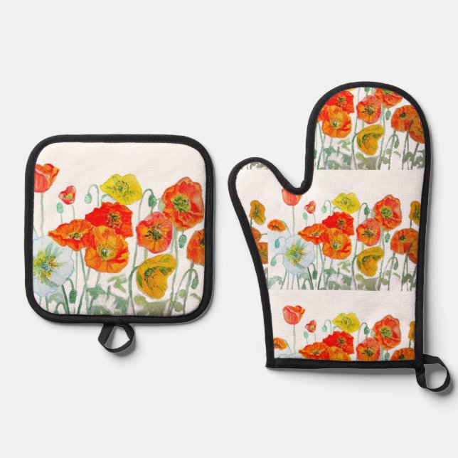 Red Orange Yellow Poppy Flowers Poppies Flower Oven Mitt & Pot Holder Set (Front)
