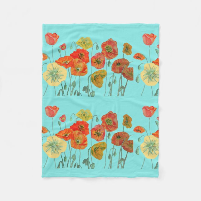 Red Orange Yellow Poppy Poppies Floral Flower Aqua Fleece Blanket (Front)