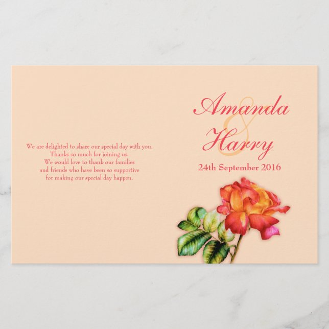 Red orange yellow tea rose wedding programme (Front)