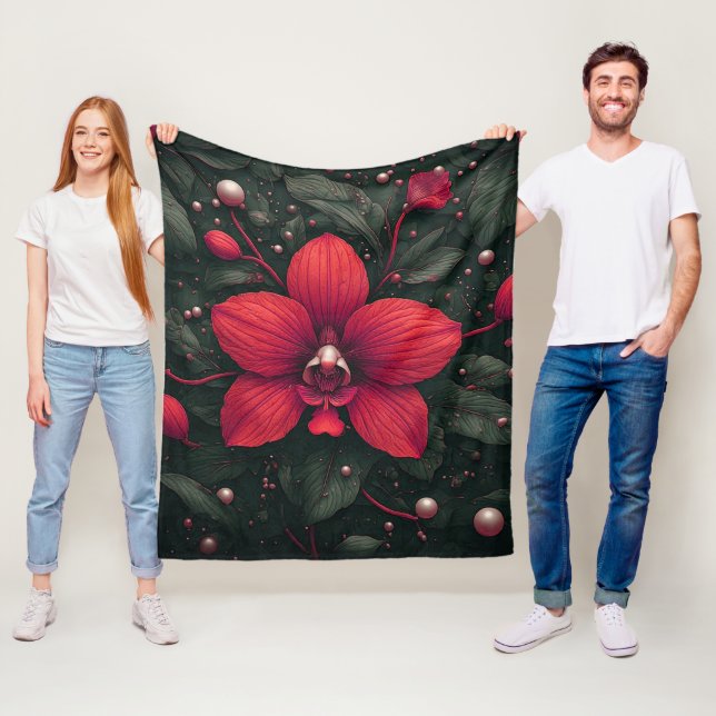 Red Orchid Bloom With Green Leaves Fleece Blanket (In Situ)