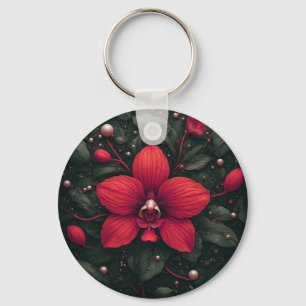 Red Orchid Bloom With Green Leaves Keychain
