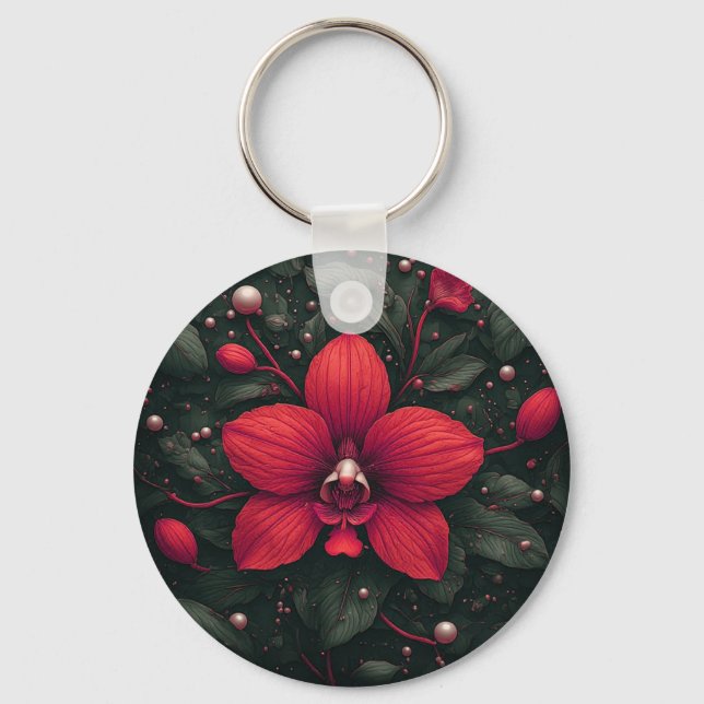 Red Orchid Bloom With Green Leaves Keychain (Front)