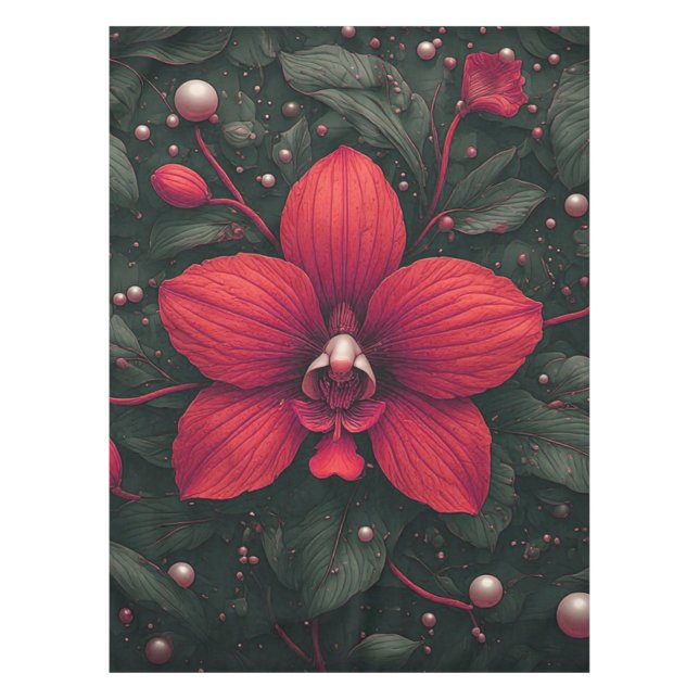 Red Orchid Bloom With Green Leaves Tablecloth (Front)