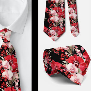 Red Orchid Flowers Neck Tie