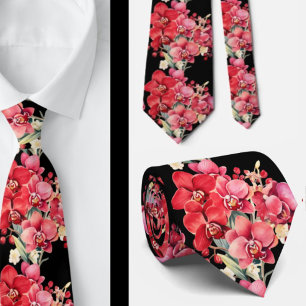 Red Orchid Flowers Neck Tie