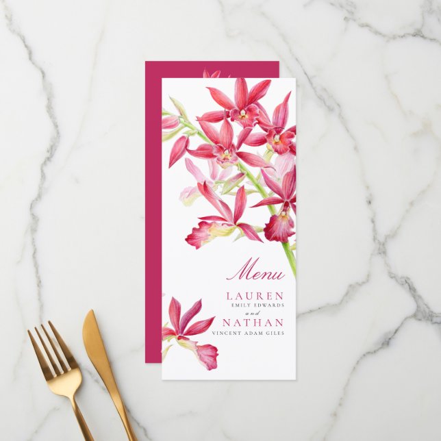 Red orchid flowers watercolor wedding  menu (Front/Back In Situ)