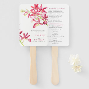 Red orchid watercolor botanical wedding program hand fan