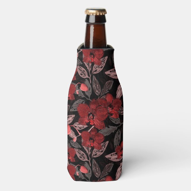 Red orchids on black. bottle cooler (Bottle Front)