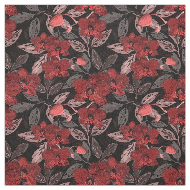 Red orchids on black. fabric (Swatch)