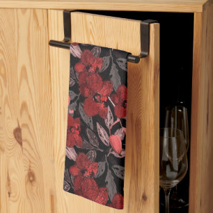 Red orchids on black. kitchen towel