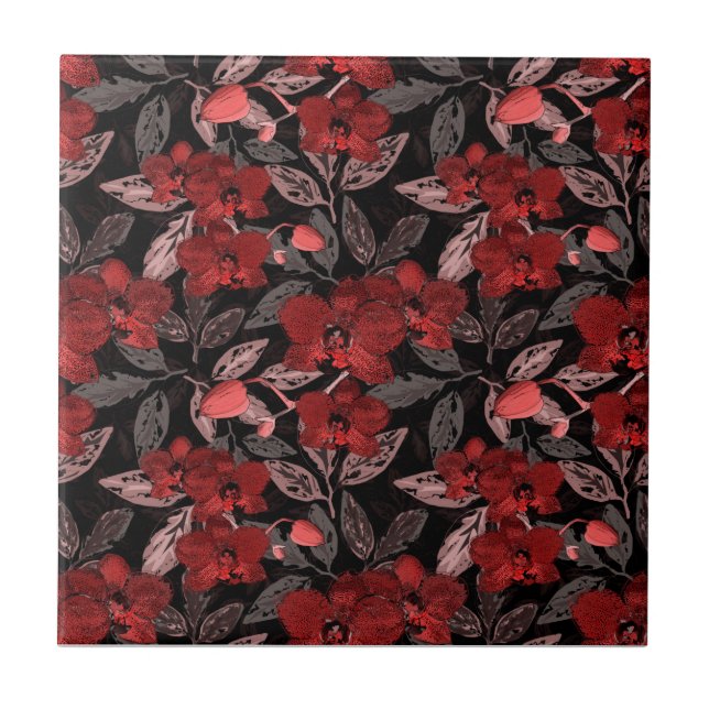 Red orchids on black.  tile (Front)