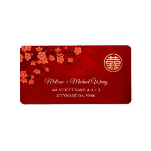 Red Oriental Blossom    Chinese Wedding Label