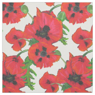 Red Oriental Poppies on White to Customize Fabric
