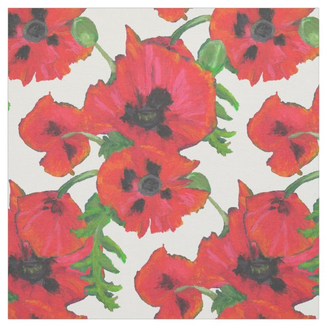 Red Oriental Poppies on White to Customize Fabric (Swatch)