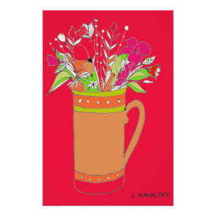 Red Original Colorful Flowers In A Mug Poster 