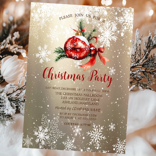 Red Ornament Ball Bow Snowflakes Christmas Company Invitation (Creator Uploaded)