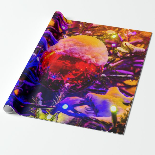 Red Ornament Ball, Snow Cap Wrapping Paper (Unrolled)