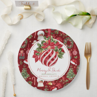 Red Ornament Christmas Merry & Bride Bridal Shower Paper Plate