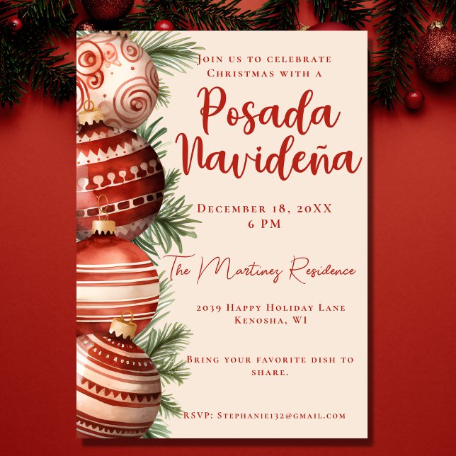 Red Ornament Festive Mexican Posada Navideña Invitation (Creator Uploaded)