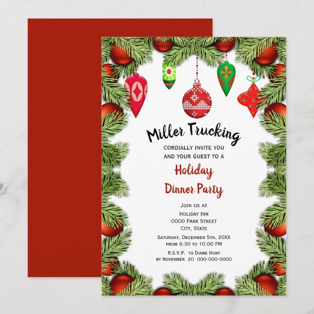 Red Ornaments Christmas Holiday Party / Business Invitation (Front/Back)