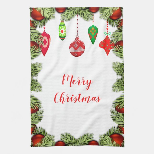 Red Ornaments Christmas Kitchen Retro Holiday Kitchen Towel (Vertical)