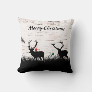Red Ornaments Christmas Reindeers on Birch Throw Pillow
