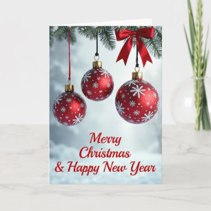 Red Ornaments Pine Bough Christmas Card
