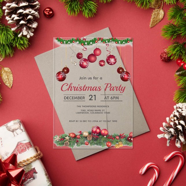 Red Ornaments Unique Christmas Acrylic Invitations (Insitu (Holiday))