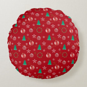 Red Ornaments & Watercolor Pines Christmas  Round Pillow
