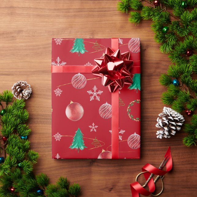 Red Ornaments & Watercolor Pines Christmas  Wrapping Paper (Holiday Gift)