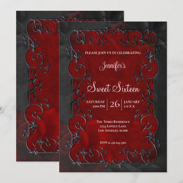 Red Ornate Frame  Gothic Sweet 16 Invitation (Front/Back)