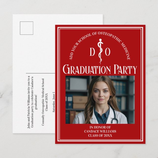Red Osteopathic Medical School Graduation Party Invitation Postcard (Front/Back)