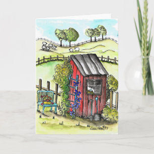 Red Outhouse, Country Landscape Painting Print Card