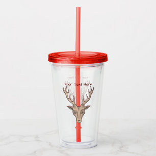 Red Outlined Brown Deer Head Large Antlers Acrylic Tumbler