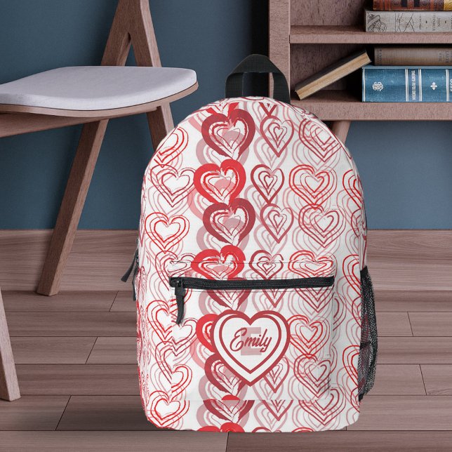 Red Outlined Intertwined Hearts Name and Initial Printed Backpack (Creator Uploaded)