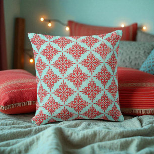 Red over Teal Damask Pattern Throw Pillow