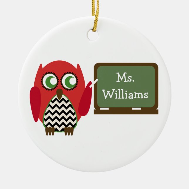 Red Owl Black Chevron Teacher At Chalkboard Ceramic Ornament (Front)