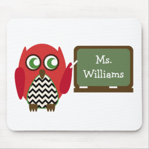 Red Owl Black Chevron Teacher At Chalkboard Mouse Pad