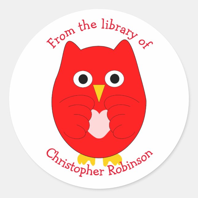 Red Owl Design Bookplate Classic Round Sticker (Front)