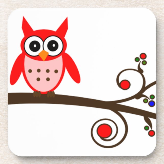 Red Owl on Cherry Tree Coaster (Front)