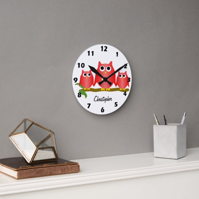 Red Owls Design Personalised Round Clock (Office)